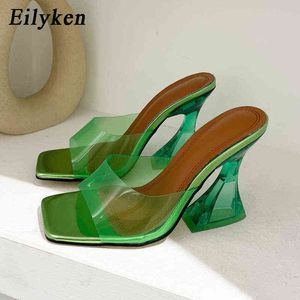 Eilyken New Fashion Square Toe Women Slippers PVC Transparent Open Toed High Heels Shoes Crystal Heel Sandals