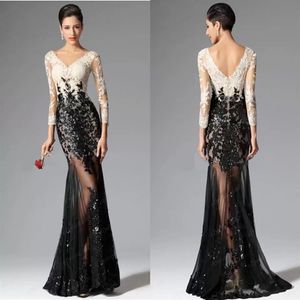 Cheap Modest Mermaid Prom Dresses 2022 Formal Dresses V Neckline Black And White Lace Evening Dresses Sexy Beaded Pageant Gowns