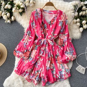 Women Casual Dresses Sexy Floral Pleated Chiffon Romper Female Spring Summer Bohemian Holiday V-Neck Draped Wide Leg Jumpsuits 2022 Playsuits