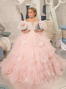 Blush Pink Flower Girl Dress for Weddings Tiered Ruffles Lace Appliqued Communion Party Wear Tulle Princess Bridal Gowns