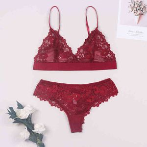 Set di lingerie sexy in pizzo per donna Vedi biancheria intima profonda Reggiseno e mutandine con volant floreale Perizoma in maglia tinta unita L220727