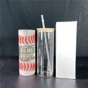 20oz Sublimation Straight drinkware Frosted Clear Glasses Wooden Lids&Plastic Straws Sublimating White Blank Water Bottles DIY Heat Transfer Wine Tumblers AA