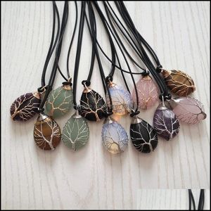 Pendant Necklaces Natural Agate Rose Quartz Crystal Stone Wire Wrap Handmade Tree Of Life Drop Gold Sier Color Pen Mjfashion Dhgit