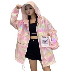 Loose Shiny Jacket Women Casual Neon Jacket Hooded Windbreaker Silver Jacket Summer Thin Jackets Plus Size Long Sleeve Outerwear T200111