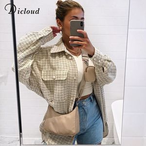 DICLOUD Women Fashion Plaid Long Jacket With Pockets Autumn Winter Oversize Coat Ladies Casual Pearl Buckle Outerwear 201029