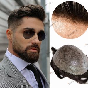 Hållbar tunn hud Toupee Full Pu Men's Human Hair Wigs Male Unit Capillary Protese #1B Black Hairs Pieces Replacement System Pus Full Machine Made