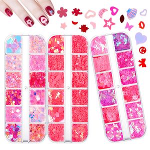 12 Grids Heart Nail Glitter Flakes Art Decals 3D Sweet Sequins Design Nails Valentines Day Decorations Manicure WH0607