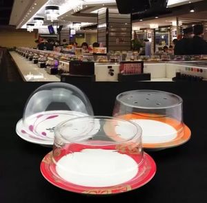 Tampa de plástico para prato de sushi, ferramenta de cozinha, bufê, correia transportadora, reutilizável, transparente, prato de bolo, cobertura de comida, acessórios de restaurante, GG0308