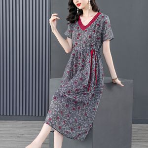 8626# YM New Summer Women Casual Dresses V-neck Short Sleeve Printing & Belt Lacing Up Ladies Loose Fashion Dress M-XXXL