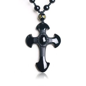 Pendant Necklaces Natural Stone Obsidian Cross Amulet Necklace Hand Carved With Lucky Free Beads Chain For Women Men JewelryPendant Necklace