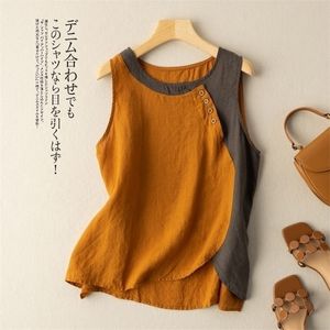 Cotton and linen vest women's large size summer fashion design sense color matching loose casual retro pullover top 220318
