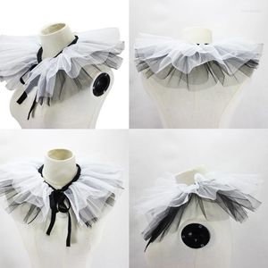 Bow Ties Women Renaissance Tulle Ruffled Fake Collar Layered Black White Mesh Clown Choker Lace-Up Ribbon Victorian Neck Ruff Shawl Cos Enek