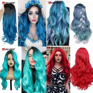 Wignee Bluish Light Blue Wig Synthetic Ombre Long Wavy Body Wave Side Part Heat Resistant Natural Hair Wigs for Women Cosplay 220622