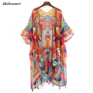 Färgglada blommor kimono mujer bluse feminino sommarstrand långa kofta kvinnor vintage boho blus topp kimono femme shirt lj200810