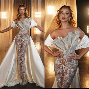 Vintage Crystal Dubai Mermaid Wedding Dress Sexy See Through Sheer Neck Off Shoulder Sequins Lace Bridal Gowns