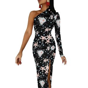 Yüksek Kesilmiş Rahat Kıyafetler toptan satış-Sıradan elbiseler çiçek baskısı yüksek yarık vücut kılıfı kadın çiçekler tasarımı sanat modern maxi sonbahar estetik grafik doğum günü hediyesi