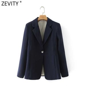 Zevity Women Fashion Once Button Navy Blue Fitting Blazer Coame Office Business Femme Overwear Chic Tops CT687 210603