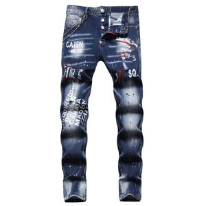 Jeans da uomo Europa di alta qualità con foro stampa digitale catena decorativa moda pantaloni da uomo belli da uomo