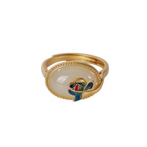 Кластерные кольца стерлингового серебряного золота с покрытием Cloisonne Hetian Jade Lotus Ring Retro National Trend Women's Fearingcluster Ringcluster