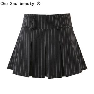 Vintage faculdade estilo sexy alta cintura listrada saia plissada mulher magro kawaii curto mini para menina primavera verão 220322