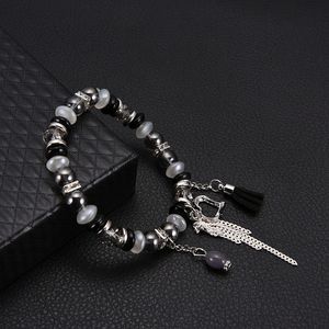 Retro stil vit svart pärla strängar armband antik silver hjärta nyckel charm smycken för kvinnor gåva