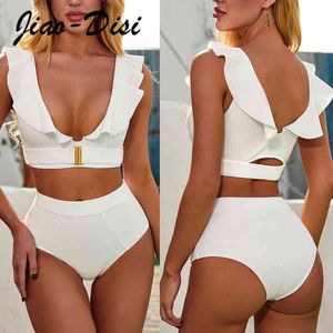 Sexy Hollow Swimsuit Women Ruffle Bikini Mini Skirt Mujer Summer 2pcs Solid Pink Swimwear Push Up Bather Suit Women Y220420