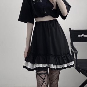 Skirts Japanese JK Short Skirt Female Student Korean A line Pleated High Waist Hakama Lace Cupcake Gothic Grunge
