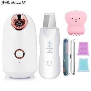 Nano Ionic Face Sprayer Steamer Machine + Ultrasonic Skin Scrubber Detergente per pori Rimozione di punti neri Pulizia profonda Strumento di bellezza 220516