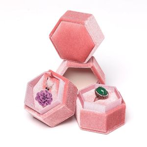 Hexagonal Velvet Ring Box Single Double Slot Wedding Engagement Ring Boxes Earring Pendant Storage Case for Jewelry Gift Packaging