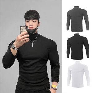 Herr t-shirts Autumn Solid Color High Collar Mens Slim Body Long Sleeve Shirt Gym Manlig stretch Övning T-shirt