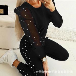 Two Piece Set Women Fashion 2022 Sexy Mesh Patchwork Pearl Sweat Suits Autumn Long Sleeve Strappy Tops Full Length Pants Outfits Women's Tra
