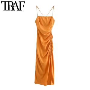 TRAF女性シックなファッションドレープディテール調整可能なネクタイミディドレスヴィンテージバックレスサイドジッパーストラップ女性ドレス210319