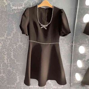 Bubble Sleeve Black Dress light luxury feeling diamond studded heavy industry short sleeve temperament waist low neck skirt