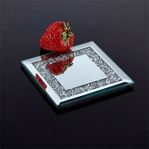 Oh Materiale di vetro di forma quadrata Caffè e tazza di tè Sottobicchiere Imposta stoviglie Decorazione Tazza piattino con strass brillanti d'argento T200415