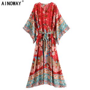 Vintage chic women red floral print bat sleeve beach Bohemian dresses Kimono Ladies V neck sashes Boho maxi dress vestidos 220613
