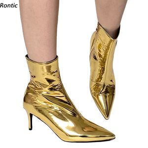 Rontic Handmade Women Winter Ankle Boots Patent Side Zipper Kitten Heeled Pointed Toe Pretty Gold Night Club Shoes USサイズ5-15