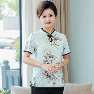 Blouzen voor dames shirts bloem bedrukt satijnen zijden shirt vrouwen korte mouw blouse tops vrouwelijk formeel pak mode designer Chinese stijl x