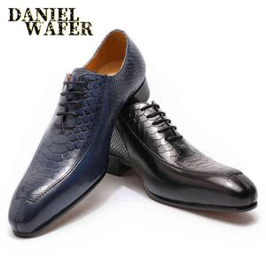 New Arrivals Men Leather Shoes Snake Skin Prints Men Formal Dress Shoes Black Blue Lace Up Pointed Toe Oxford Shoes for Men