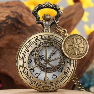 Olf Fashion Hollow Out Geometry Watches Men Women Analog Quartz Pocket Watch Arabic Numeral Clock Necklace Chain with Pendant Compass Collectable