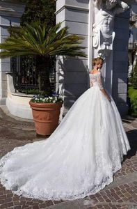 New Ball Gown Wedding Dresses Lace One Shoulder Long Sleeve Puff Skirt Small Trailing Mid Waist White Sequins Wed Dress Vestido de novia