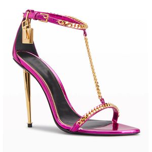 stiletto Roma sandalet kadın Metal topuk ayakkabı Moda Tasarımcısı Altın asma kilit zincir dekorasyon Elbise ayakkabı en kaliteli 10 cm yüksek Topuklu kadın sandalet 35-42 kutu ile