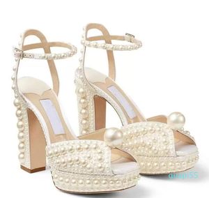 Summer Sacaria Dress Wedding Shoes Pearl-Embellished Satin Platform Sandals Elegant Women White Bride Pearls High Heels Ladies Pumps
