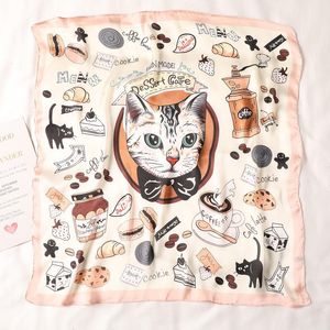 70 cm Seide Quadrat Schal Frauen Cartoon Katze Tasche Druck Foulard Big Hijab Bandana Dame Halstuch Hohe Qualität Fj095