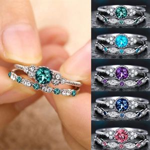 Cluster Rings 2Pcs Set Classic 925 Sterling Silver Green Blue Round Cut Sapphire Birthstone Bride Wedding Ring Set Jewlery For WomenCluster
