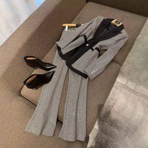 Women's Two Piece Pants Spring Sequin Color Matching Business Suits Coat Elegant Ladies Temperament High-Waisted Boot-Cut Suit For WomenWome