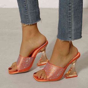 Saltos transparentes laranja 11 cm chinelos sexy para mulheres moda de cristal sandal