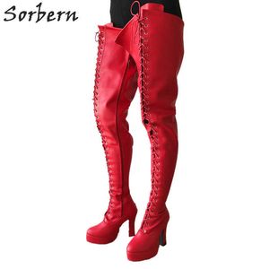 Sorbern BDSM 12cm 스퀘어 힐 부츠 여성 플랫폼 레이스 위로 가랑이 허벅지 높은 부츠 고트 코스프레 페티쉬 부츠 레드 매트 맞춤형