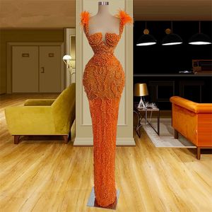 Unique Mermaid Prom Dresses Feathers Orange Party Dresses Beaded Saudi Arabia Custom Made Evening Dress