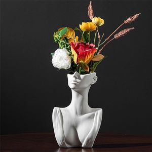 Creative Human Head Face Flower Vases Portrait Vase Decorative Nordic Flower Pot Ornament Ceramics Statue Crafts Home Art Dercor 220423