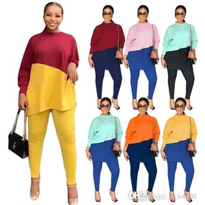 2022 Fall Women Two Piece Pants Sets Fashion Contrast Color Stitching Long Sleeve Loose Sweater And Leggings Jogging Suit